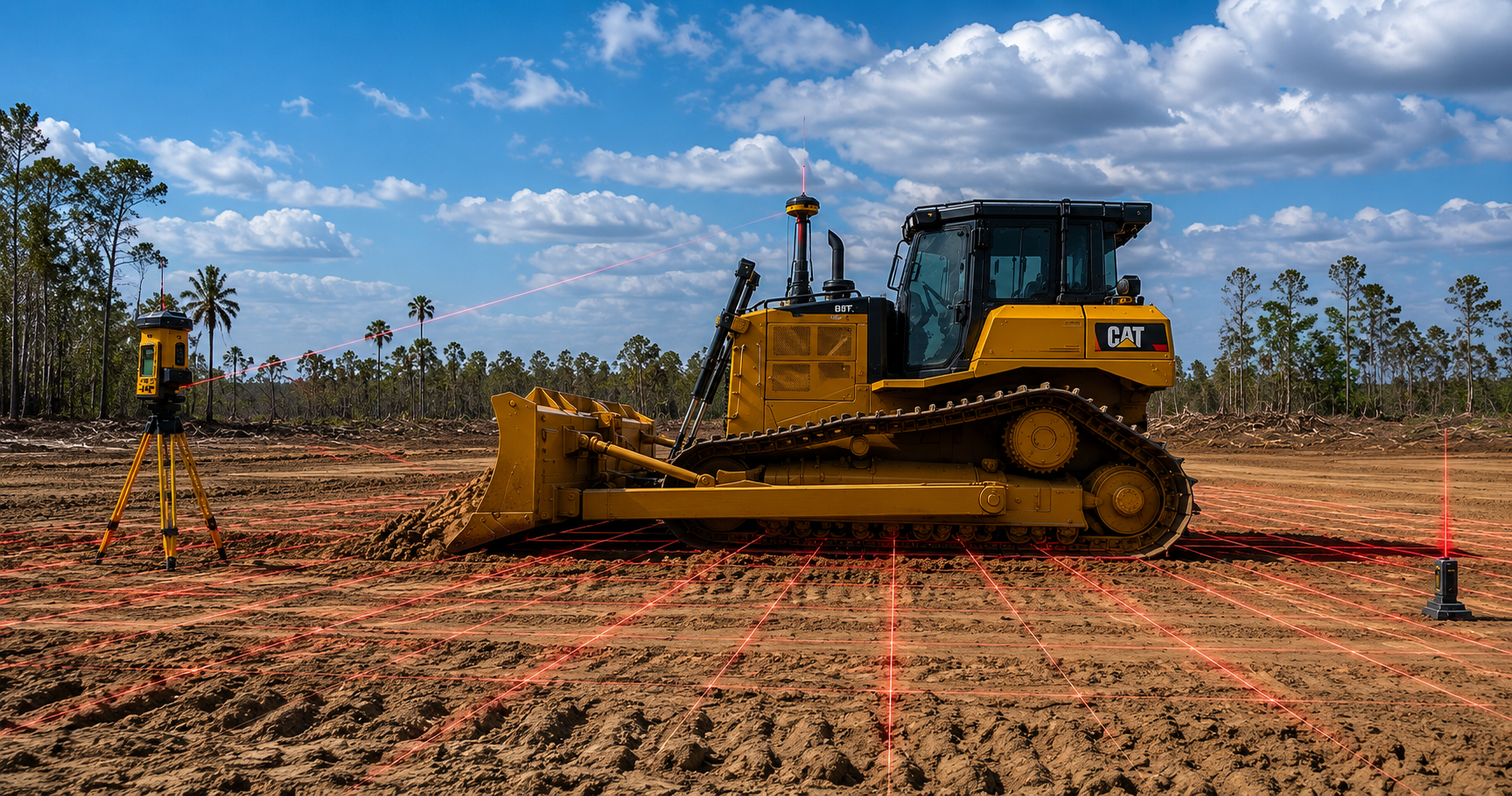 Laser-guided grading of a cleared home site with a CAT dozer in Palm Coast, Florida